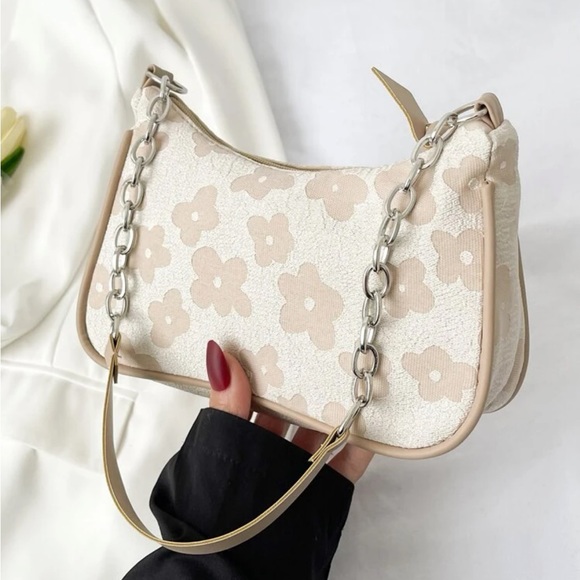 Handbags - Mini boho floral shoulder bag chain fabric small lightweight cream white beige